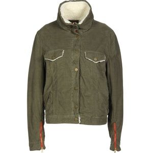 Cotton Corduroy Shearling Turtleneck Jacket Green